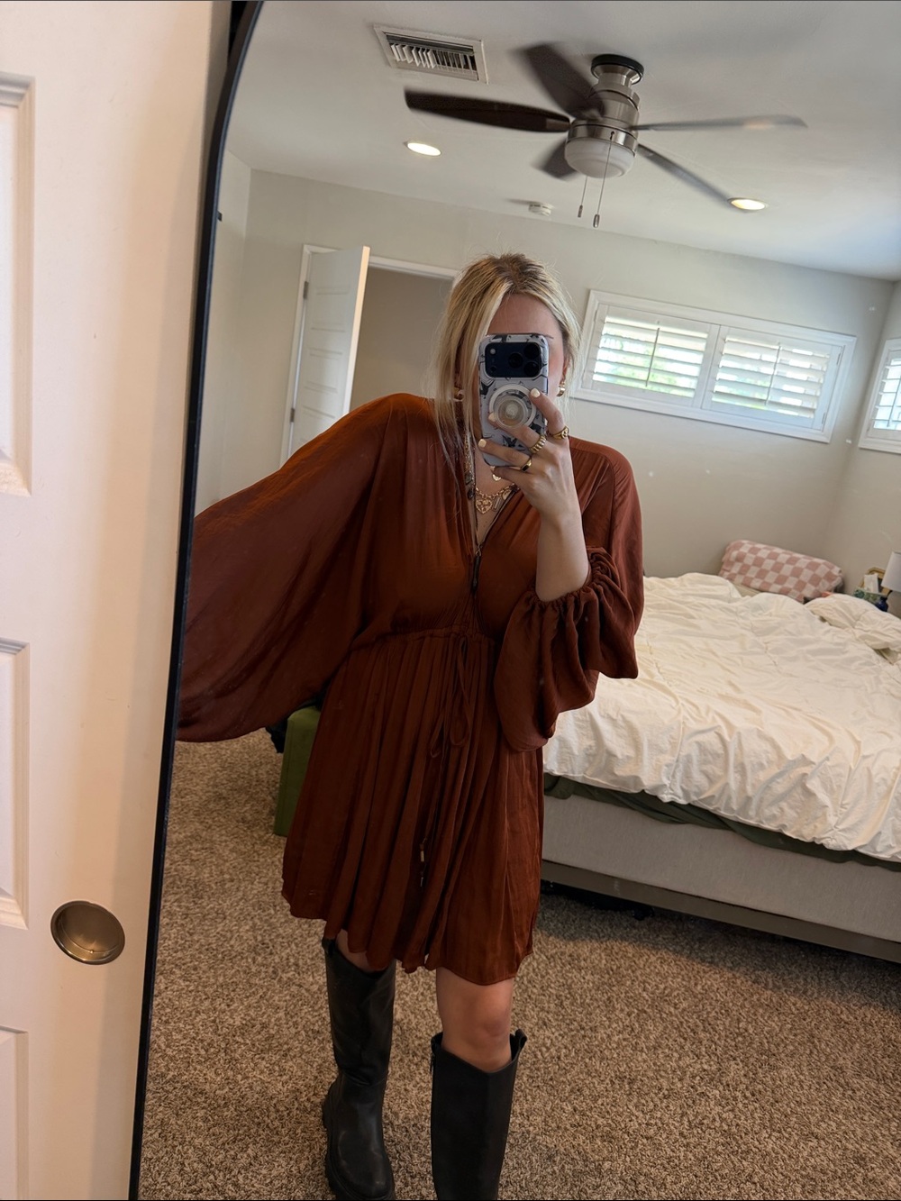 Free People Rust Brown/Orange V-Neck Long Sleeve Mini Dress